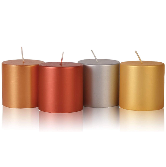 Metallic Pillar Candles - Set of 4 Unscented Gold, Copper, Silver & Red Candles 2.5 x 2.5 inches