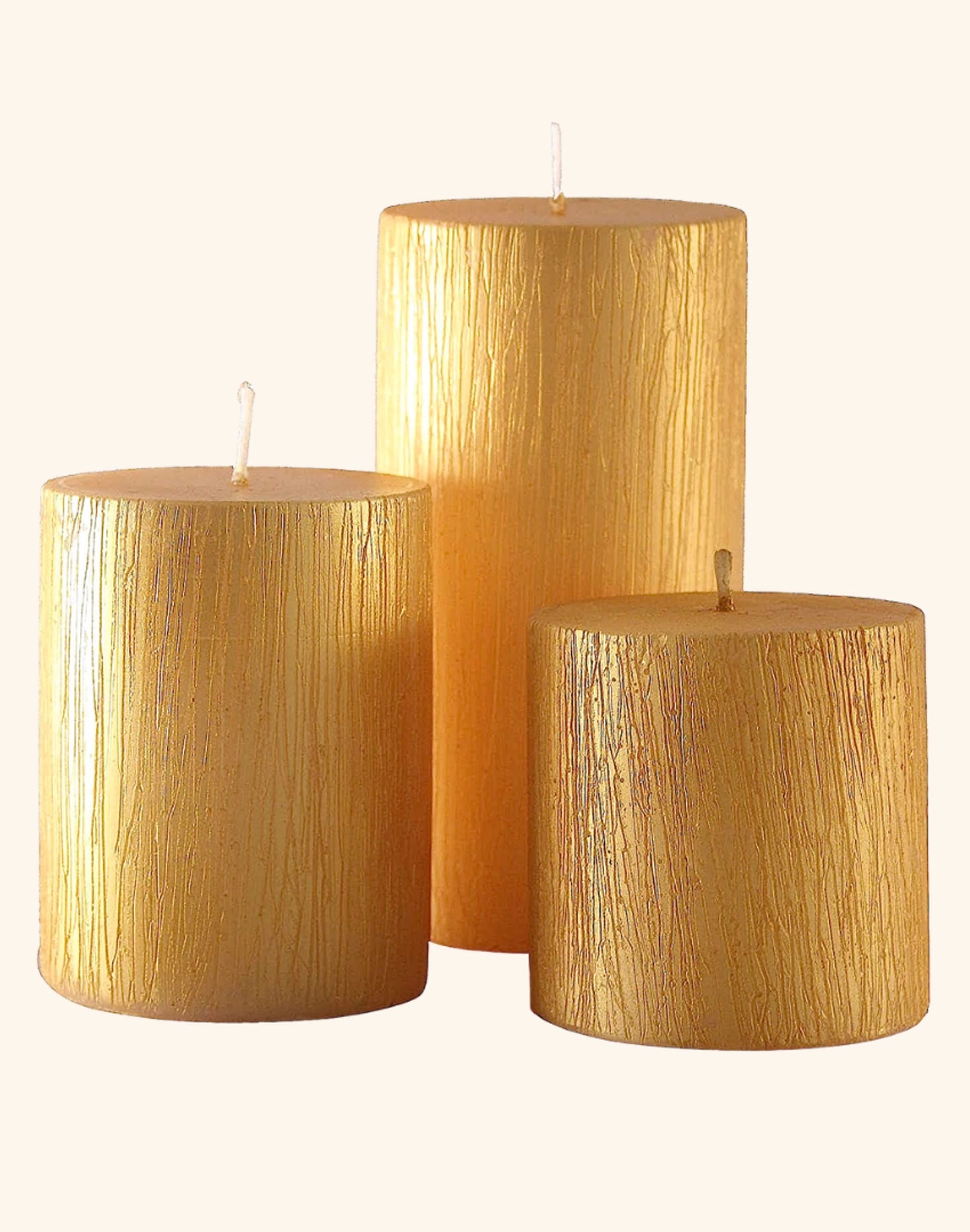 Golden ribbed Metallic Pillar Candles | set of 3