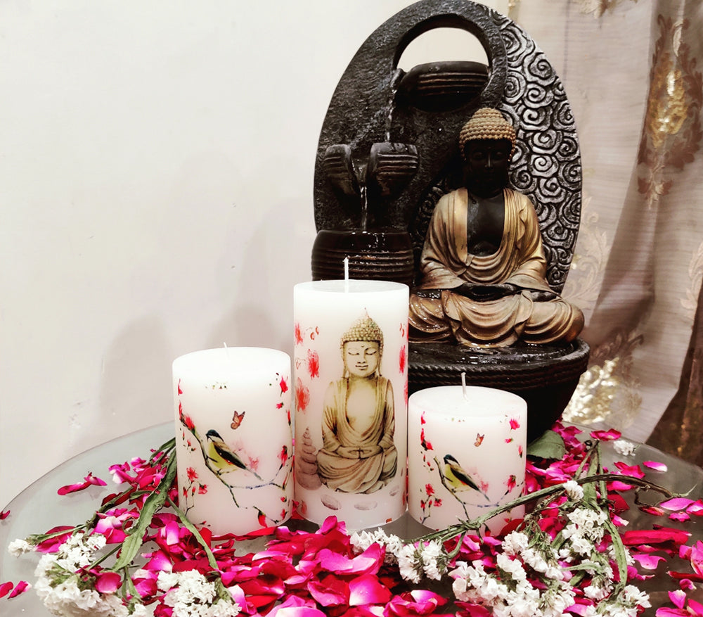 Buddha Printed Pillar Candles | Set of 3