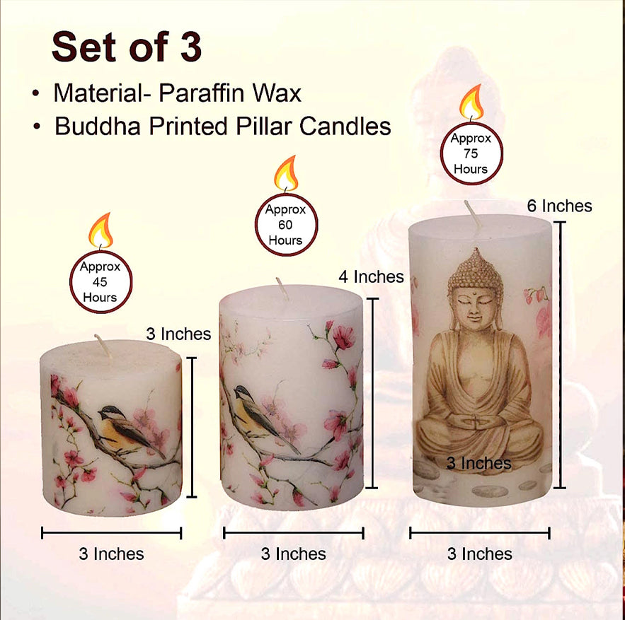 Buddha Printed Pillar Candles | Set of 3