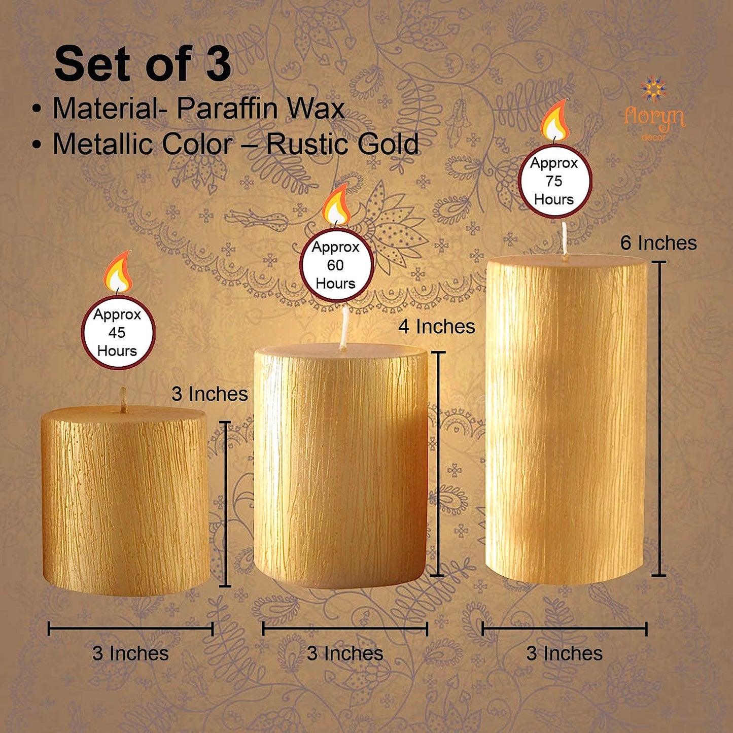 Golden ribbed Metallic Pillar Candles | set of 3