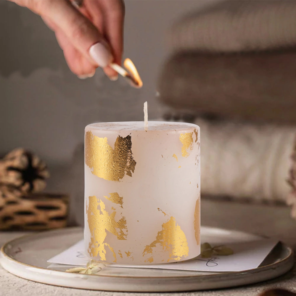 Metallic Pillar Candles - Set of 4 Unscented Gold Dust Candles 2.5 x 2.5 inches