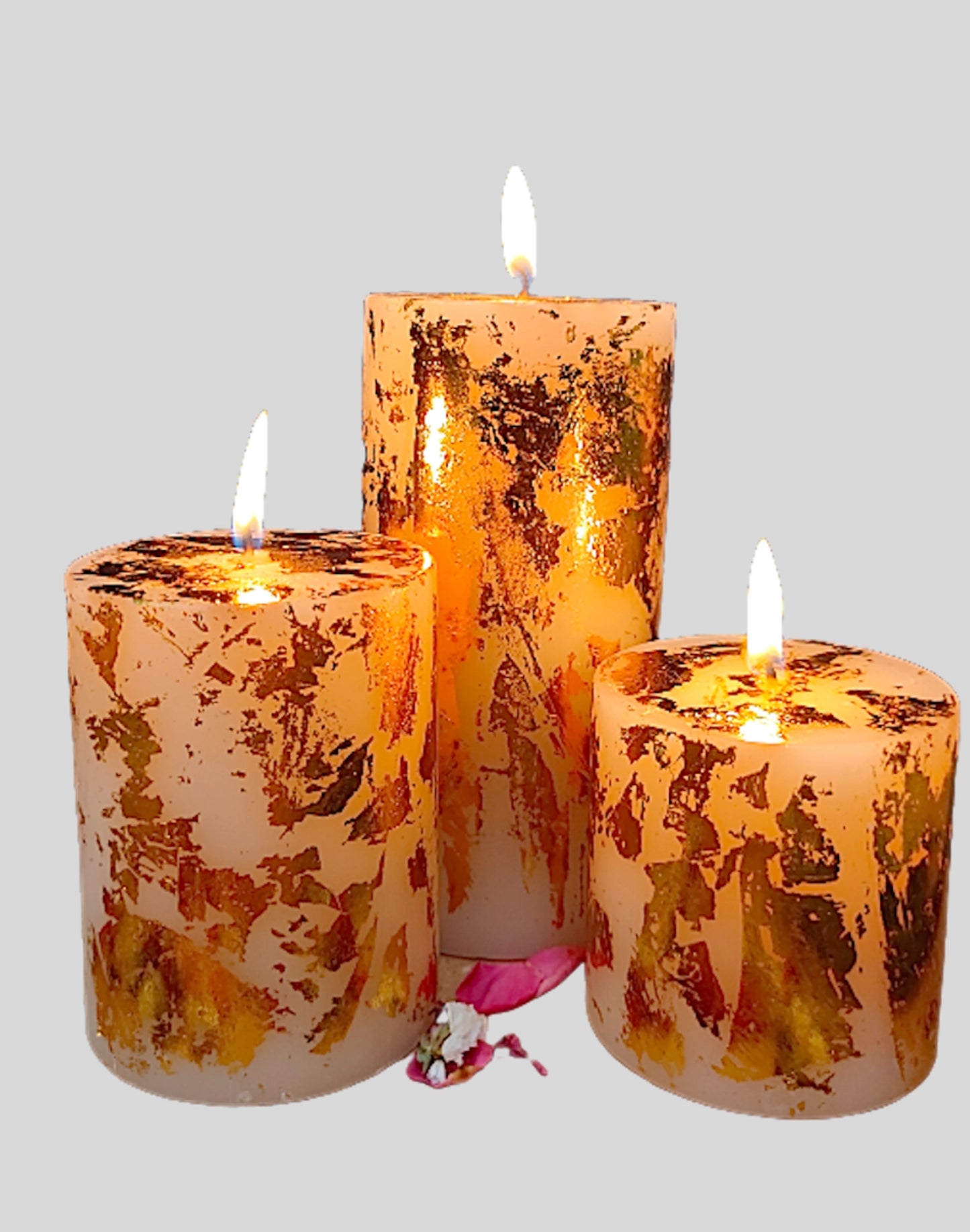 Golden Metallic Pillar Candles | Set of 3