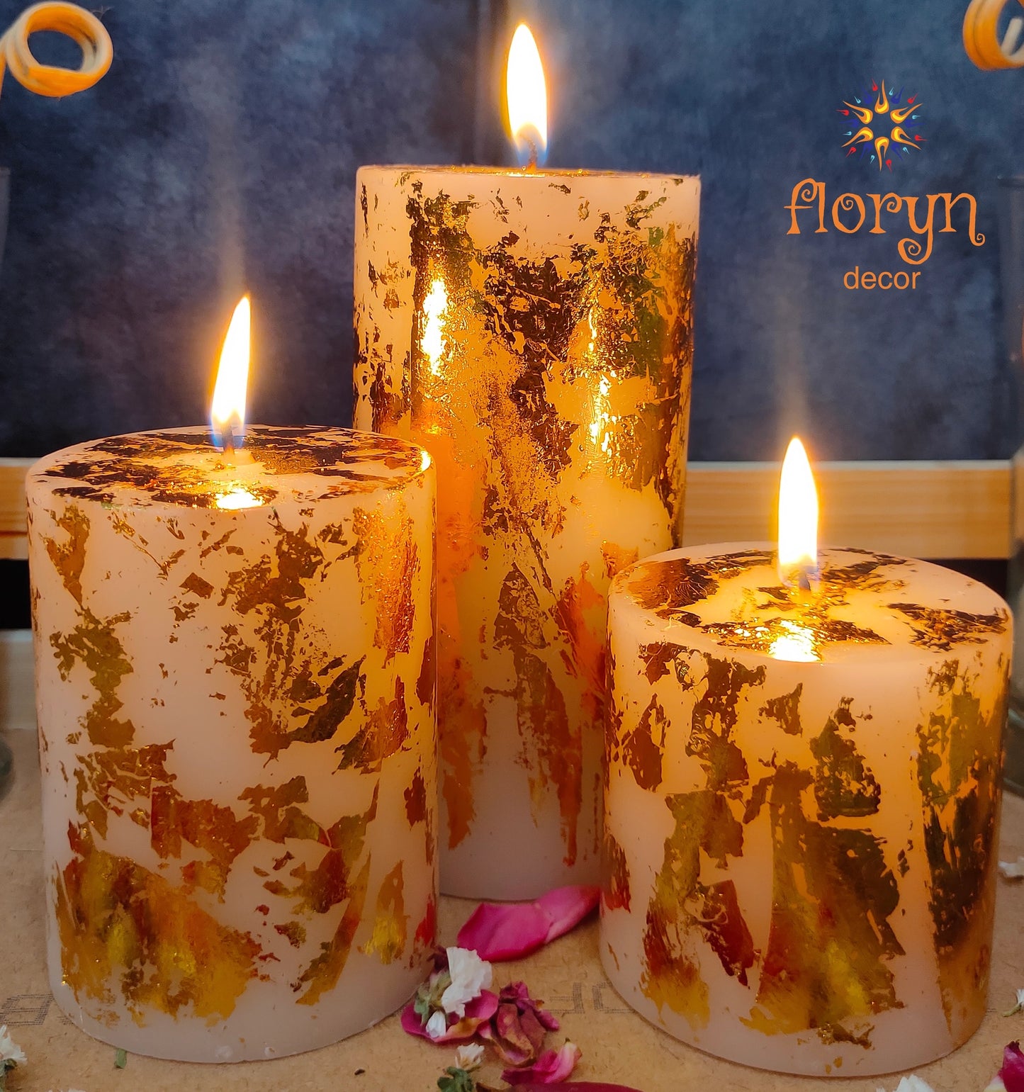 Golden Metallic Pillar Candles | Set of 3