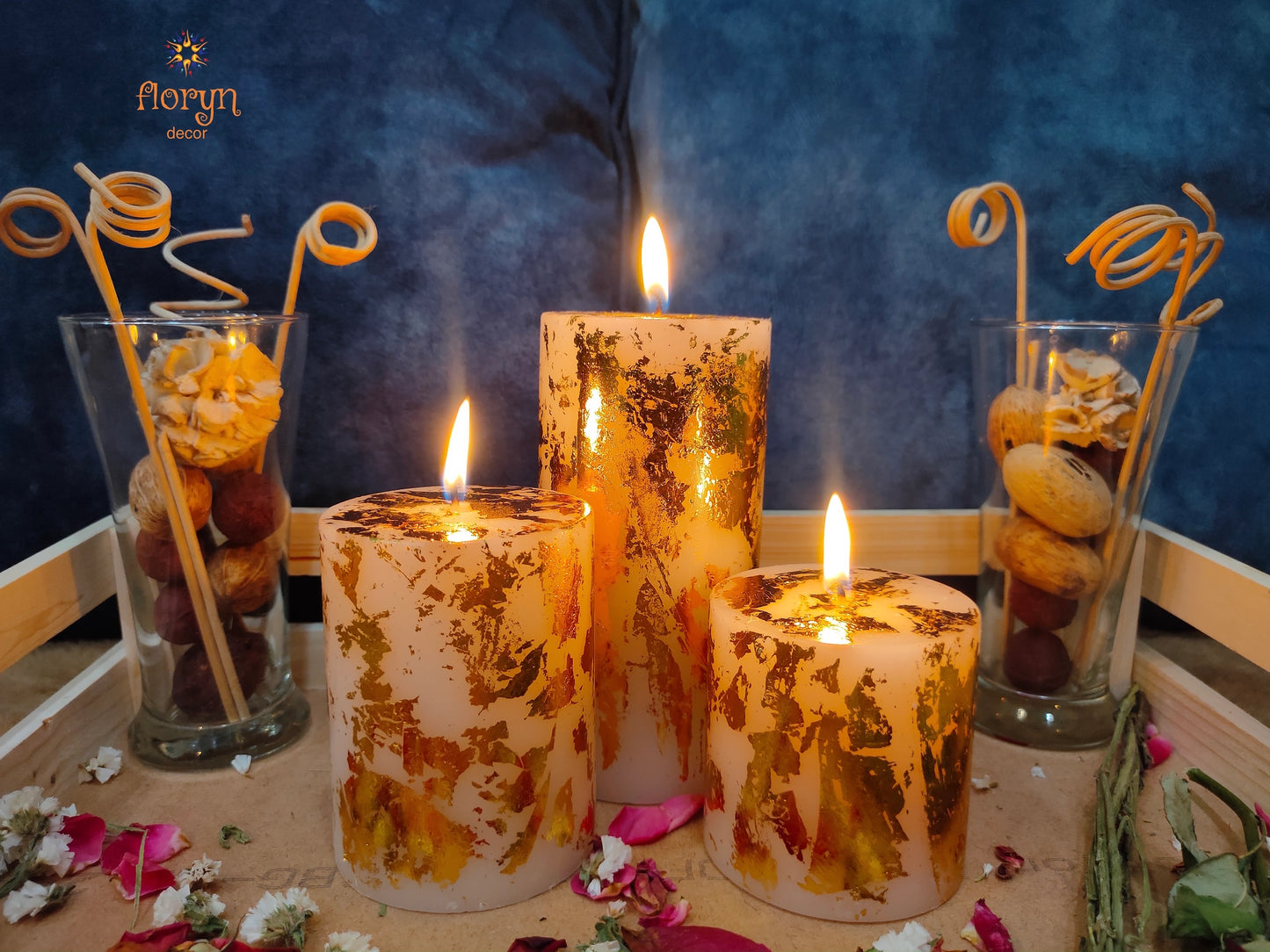 Golden Metallic Pillar Candles | Set of 3